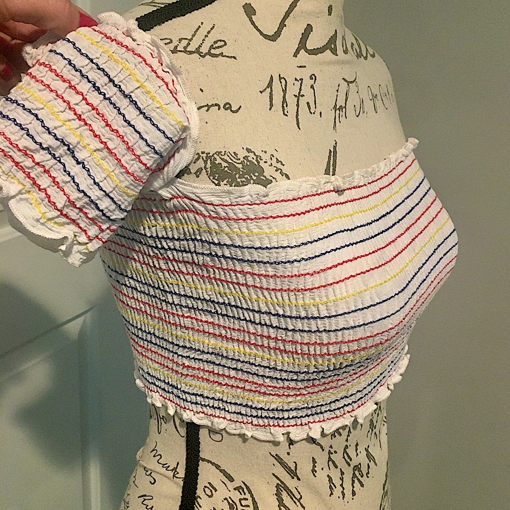 Sunset + Spring Off Shoulder Striped Smocked Crop - Picture 2 of 13